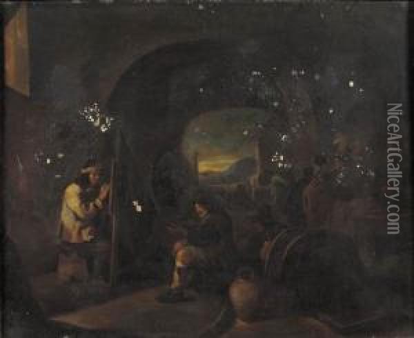 A Painter At Work In A Grotto With Shepherds And Travellers Nearby Oil Painting - Michelangelo Cerqouzzi