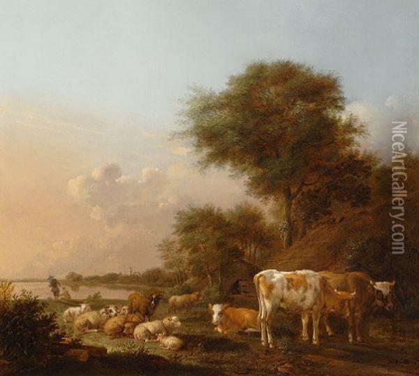 Resting Cattle By The Water Oil Painting - Albert-Jansz. Klomp