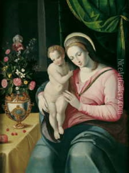 Maria Mit Kind Neben Einer Blumenvase Oil Painting - Nicolas De Hoey