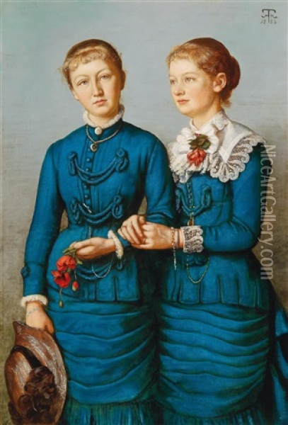 Portrait Of The Two Haag Daughters Oil Painting - Hans Thoma