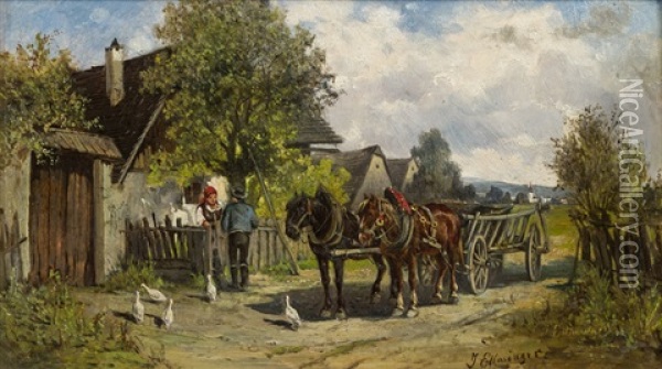 Pferdefuhrwerk Vor Einem Bauernhaus Oil Painting - Ignaz Ellminger