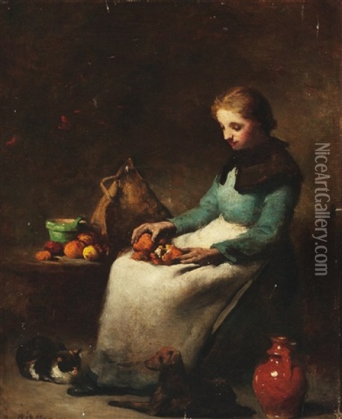 Girl In A Kitchen Interior Oil Painting - Theodule Ribot
