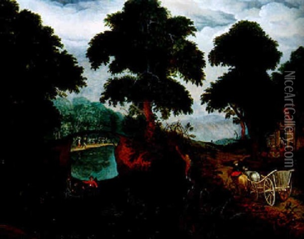 Paysage Fluvial Avec Une Cariole Oil Painting - Abraham Govaerts