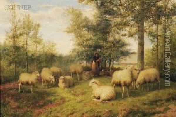 Sheep And Shepherdess Oil Painting - Jef Louis Van Leemputten