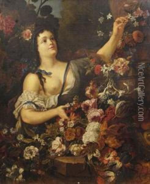 Jeune Femme Arrangeant Des Fleurs Oil Painting - Gaspar-pieter The Younger Verbruggen