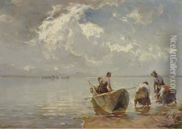 Fishermen On The Shore Oil Painting - Josef Wopfner