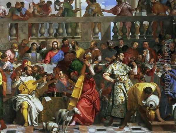 The Marriage Feast at Cana, detail of musicians and dogs, c.1562 Oil Painting - Paolo Veronese (Caliari)