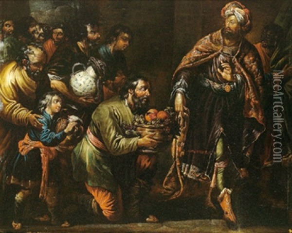 Ein Heiliger Konig Mit Gefolge Bringt Gaben Dar Oil Painting - Theodor Van Loon