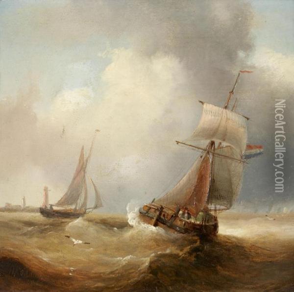 Zwei Segelboote Auf Bewegter See Vor Einer Kuste Oil Painting - Henry Redmore