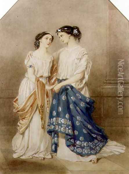 Scene from the 1848 production of 'Antigone' at the St. James Theatre with Mlle. Baptiste as Ismeme and Mme. Pechter as Antigone, 1848 Oil Painting - Alfred-Edward Chalon