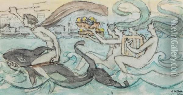 Neptun Ridende Pa Delfin Med Nereider Oil Painting - Gerhard Peter Frantz Munthe