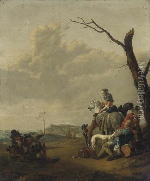 A Hawking Party At Rest On A Track Oil Painting - Johannes Lingelbach