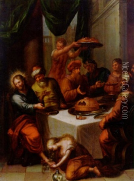 Gastmahl In Bethanien - Maria Magdalena Salbt Christus Die Fuse Oil Painting - Frans Francken III
