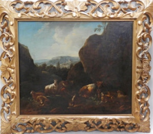 A Herdsman With Sheep And Goats By An Outcrop With A Hilltop Castle Beyond  And A Herdsman Resting With A Cow, Sheep And Goats By An Outcrop (a Pair) Oil Painting - Cajetan Roos