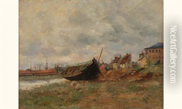 Barque Echouee, Port De Dieppe Oil Painting - Marie Auguste Flameng