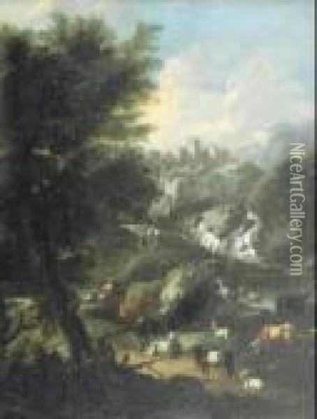 Contadini E Animali Al Fiume Oil Painting - Johann Melchior Roos
