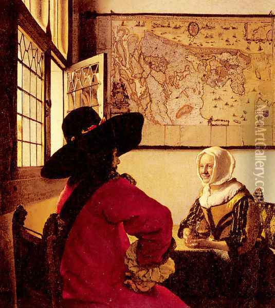 Officer with a Laughing Girl c. 1657 Oil Painting - Jan Vermeer Van Delft