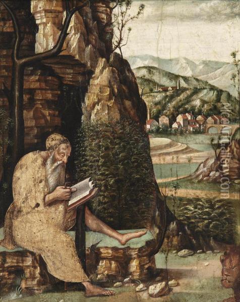 A Hermit Saint Reading In A Mountainous Landscape Oil Painting - Jacopo Da Valenza