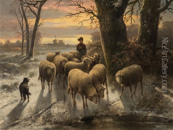 Shepherd With Flock Oil Painting - Alexis de Leeuw
