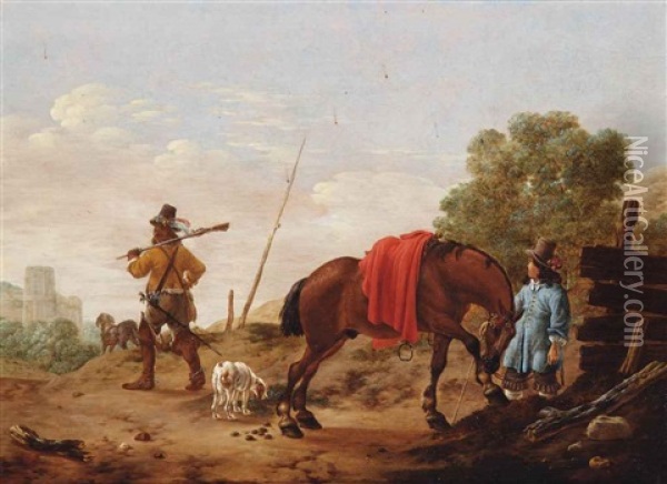 A Landscape With Huntsmen, A Horse And Dogs Near A Fence Oil Painting - Pieter Cornelius Verbeeck