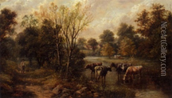 Landscape With Cattle Watering Oil Painting - Samuel Joseph Clark