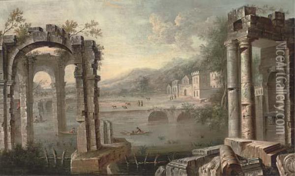 A Capriccio Of Classical Ruins By A River Oil Painting - Adriaen Van Diest