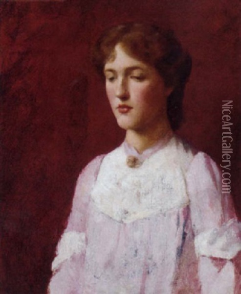 Portrait Of A Lady In A Pink And White Dress Oil Painting - Glyn Warren Philpot