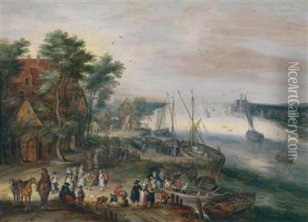 Landscape With Many Figures On The Left Bank Of A River Oil Painting - Karel Beschey