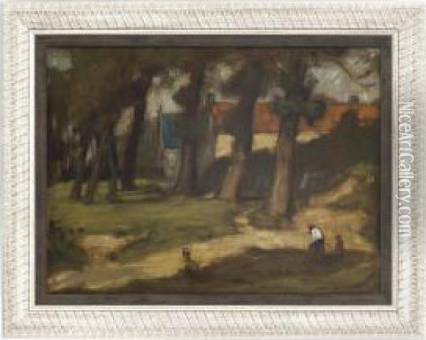 Figures In A Woodland Oil Painting - William Strang