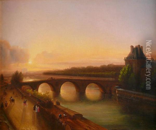 Vue Du Pont Royal A Paris. Oil Painting - Theodore Gudin