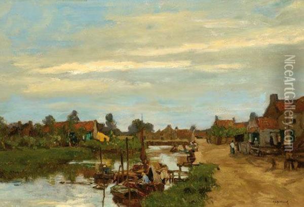 Houses On A River Oil Painting - Johann Hendrik Van Mastenbroek