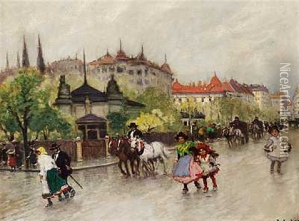 Gadescene Med Hestekoretojer Og Gaende (ungarn?) Oil Painting - Antal Berkes