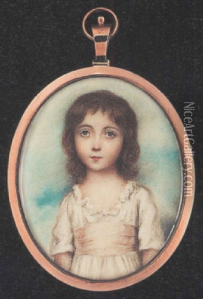 A Young Girl (one Of The Artist's Daughters?) Wearing Short-sleeved Low-cut White Dress With Frilled Trim And Pale Pink Waistband Oil Painting - Andrew Plimer