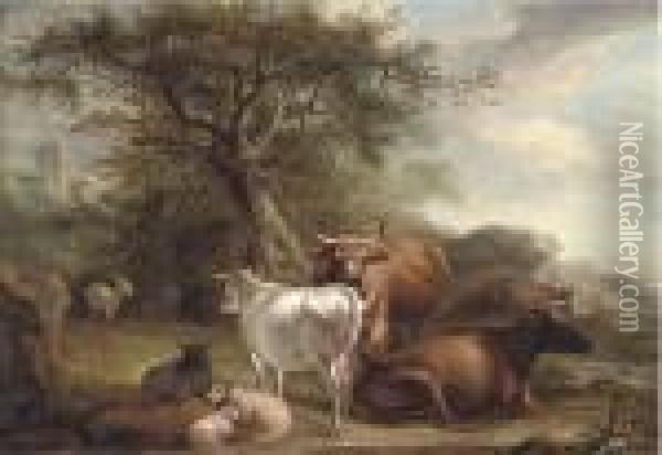 Cattle And Sheep In A Landcape Oil Painting - Thomas Weaver