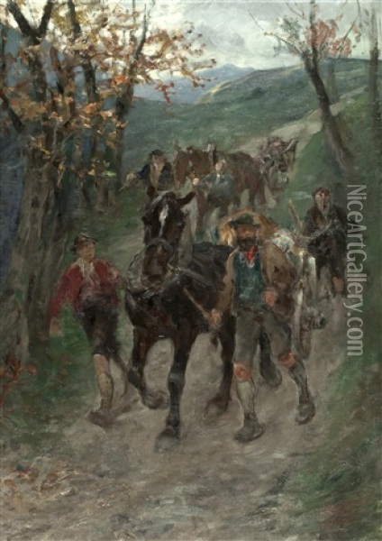 Tiroler Bauern Mit Pferden In Landschaft Oil Painting - Julius von Blaas