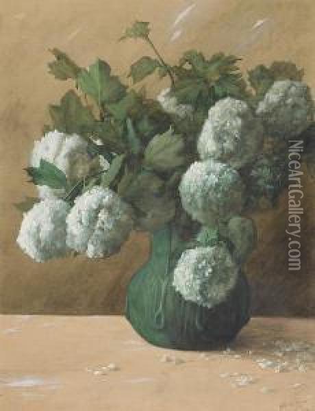 White Flowers In A Green Vase Oil Painting - Albert R. Valentine