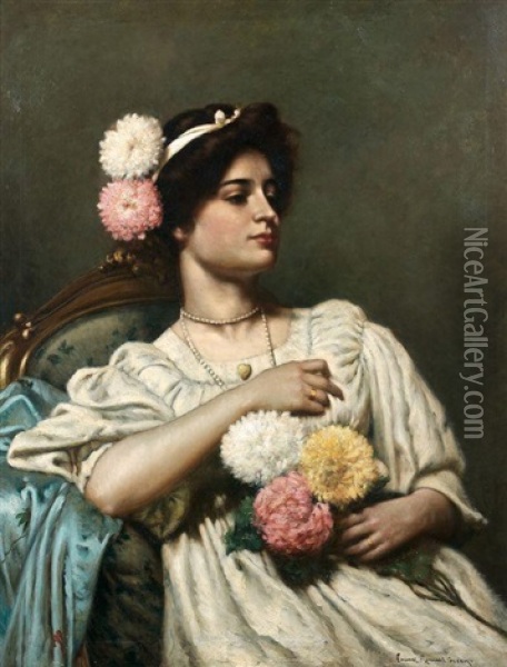 Portrait De Femme Aux Fleurs Oil Painting - Frank Russell Green