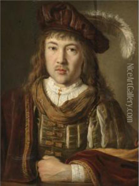 A Portrait Of A Young Man In A Velvet Coat And Plumed Hat Oil Painting - Pieter Harmensz Verelst