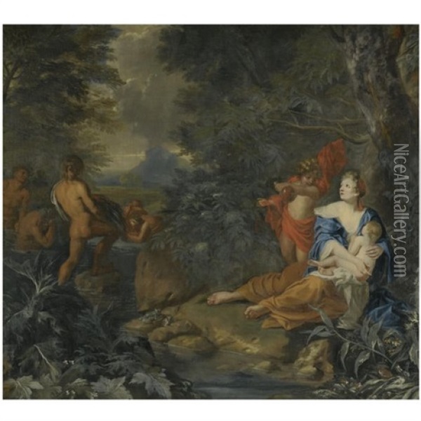 Latona Turning The Lycian Peasants Into Frogs Oil Painting - Nicholaas Verkolye