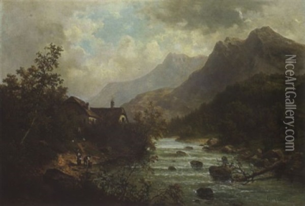 Gebirgslandschaft Mit Fluss Oil Painting - Julius Karl Rose