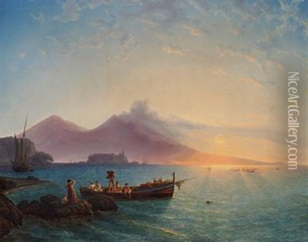 The Bay Of Naples With Fishermen Carrying The Catch Of The Day Ashore Oil Painting - Christian Frederik Ferdinand Thoming