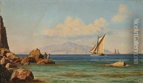 View From Southern Europe With Two Boys Fishing From A Rock Near The Coast Oil Painting - Carl (Jens Erik C.) Rasmussen