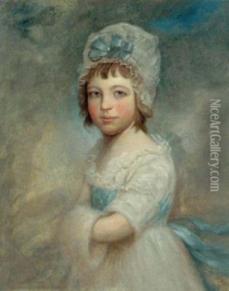 Portrait Of A Girl In A White Dress And Blue Sash, Her Hands In A Fur Muff Oil Painting - Sir William Beechey