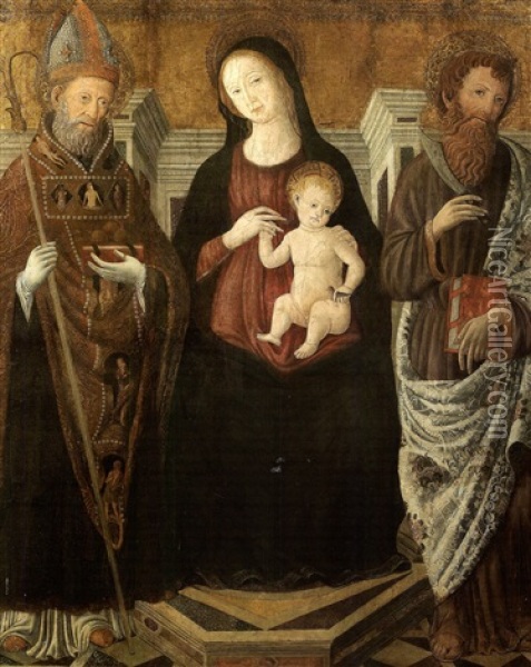 La Vierge A L'enfant Entre Saint Nicolas Et Saint Barthelemy Oil Painting - Guidoccio di Giovanni Cozzarelli