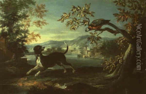 Le Chien Et Le Perroquet Dans Un Paysage De Riviere Pres D'un Village Oil Painting - Jean-Baptiste Oudry