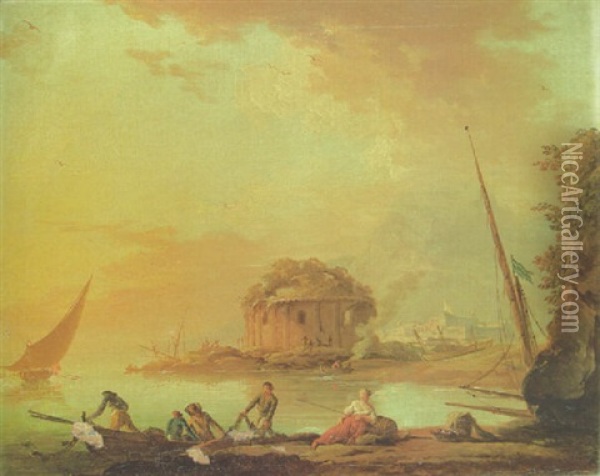 Fisherfolk Pulling In Their Nets At Dusk By A Mediterranean Harbour, A Classical Ruin Beyond Oil Painting - Charles Francois Lacroix