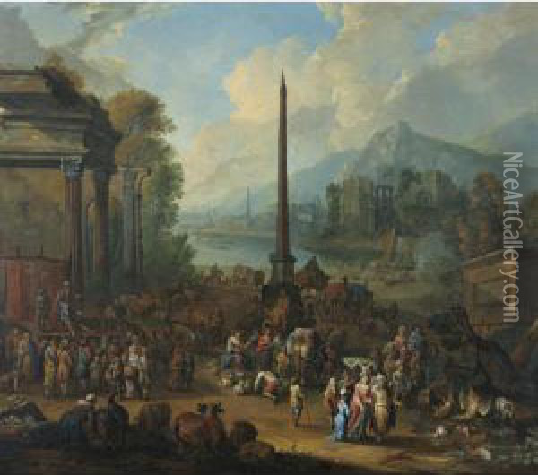 A Harbour Scene With Numerous Figures Attending Market Oil Painting - Peter Tillemans