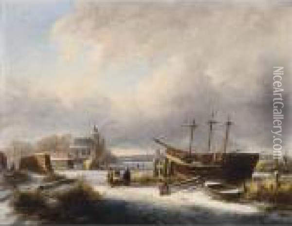 Winter Landscape With Figures By A Boat Oil Painting - Johannes Petrus van Velzen