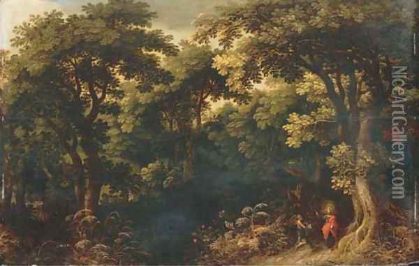 A wooded landscape with Christ tempted by the Devil Oil Painting - Jasper van der Lanen
