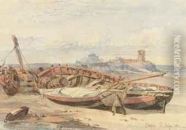 Le Hurel Tower, With Jersey Fishing Boats Lying On The Beach Oil Painting - Thomas Watt Cafe